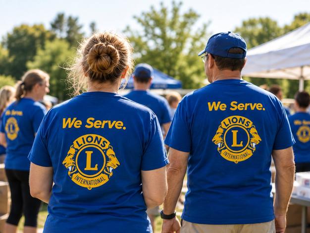 Coldbrook & District Lions volunteers in blue &ldquo;We Serve&rdquo; shirts at an outdoor community event